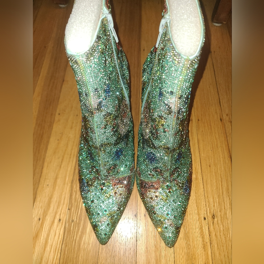 Betsey Johnson Green Crystal Pointed Toe Ankle Booties